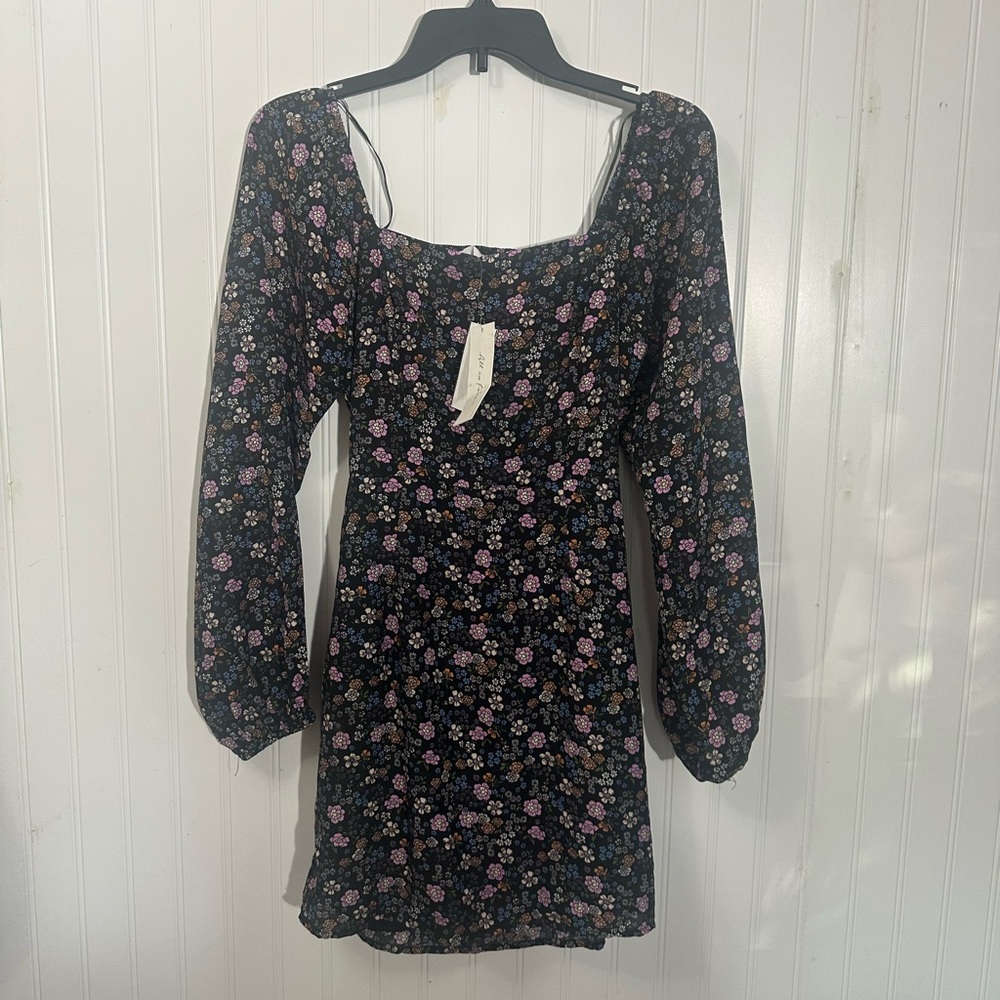 NEW All in Favor Dress Floral Small S Long Sleeve Short Mini Black Blue Pink